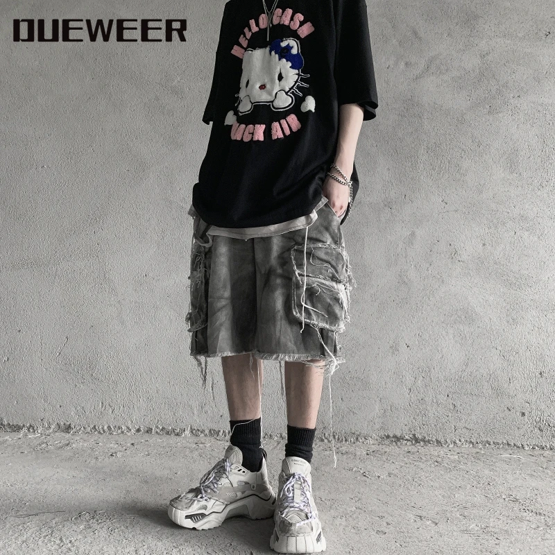 Dueweer Hip Hop Tie-dye Cargo Casual Shorts Vintage Washed Distressed Swag Streetwear Destroyed Paint Frayed Five-Point Pants