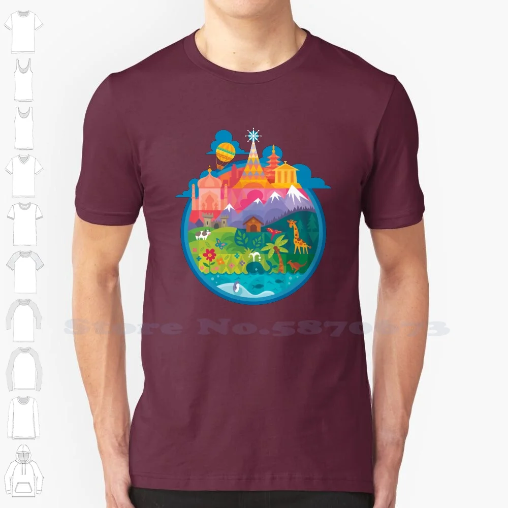 

Small World Summer Funny T Shirt For Men Women Cartoon World Globe Nature Bright Land Sea Mountain Animals Giraffe Whale Cow
