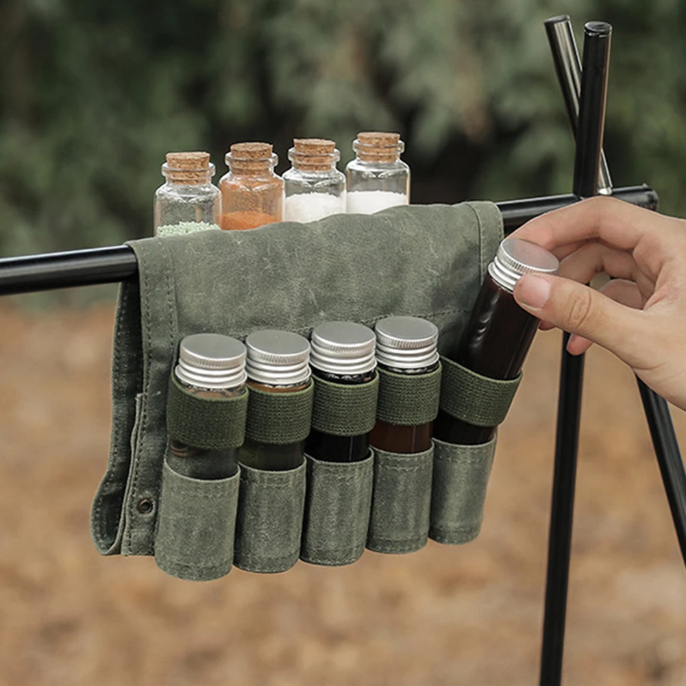 

9pc Outdoor Spice Bottle Set Portable Folding Canvas Waterproof Large Capacity Camping Hiking Bushcraft Picnic Bbq Seasoning Bag