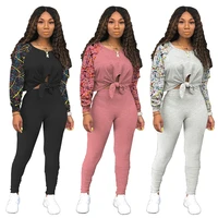 2021 women two piece set long sleeve round neck fashion inkjet printing bandage crop top and pleated trouser sexy matching set