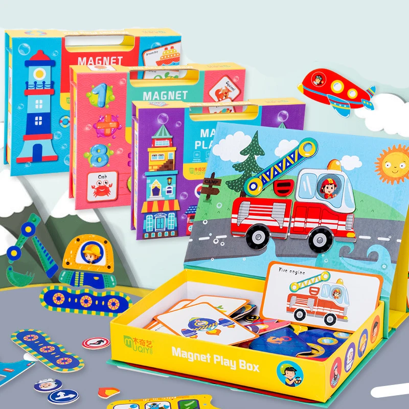 

Children's Early Education and Wisdom Fun Tile Game Box Traffic Ocean Building Joypin Cartoon Magnetic Puzzle Toy