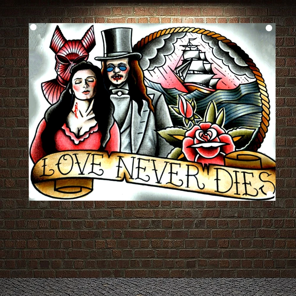 Любовь никогда не умирает тату баннеры винтажная Картина на холсте Ретро