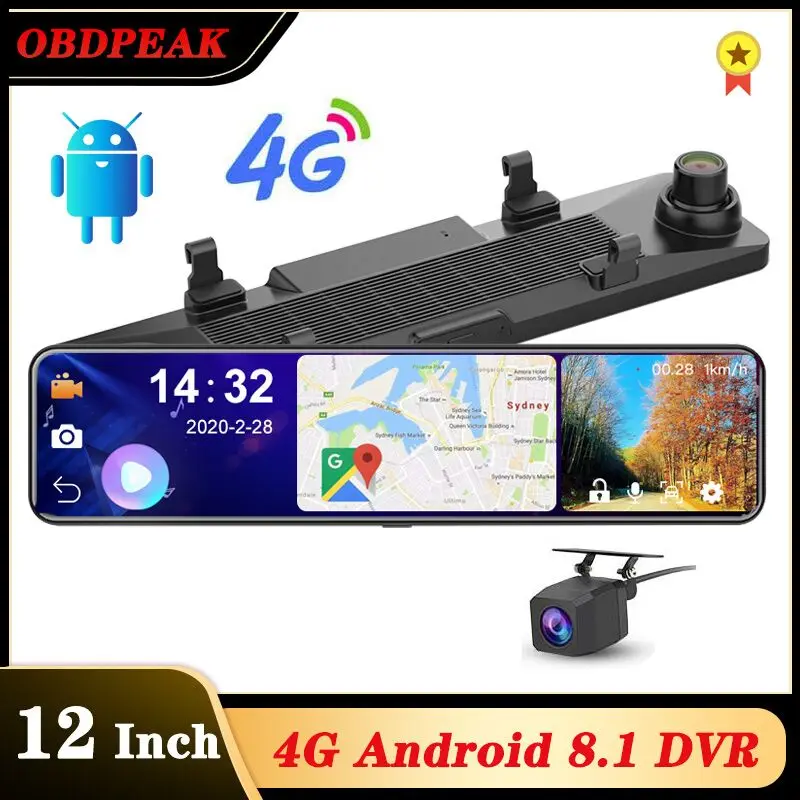 OBEPEAK Smart 12 &quotAndroid 4G Wifi Автомобильный видеорегистратор заднего вида Зеркало DVR 3