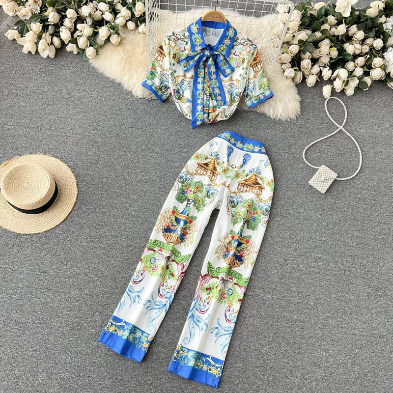 

Женский костюм с принтом, блузка с галстуком-бабочкой и широкие брюки с высокой талией, свободная одежда, лето 2022