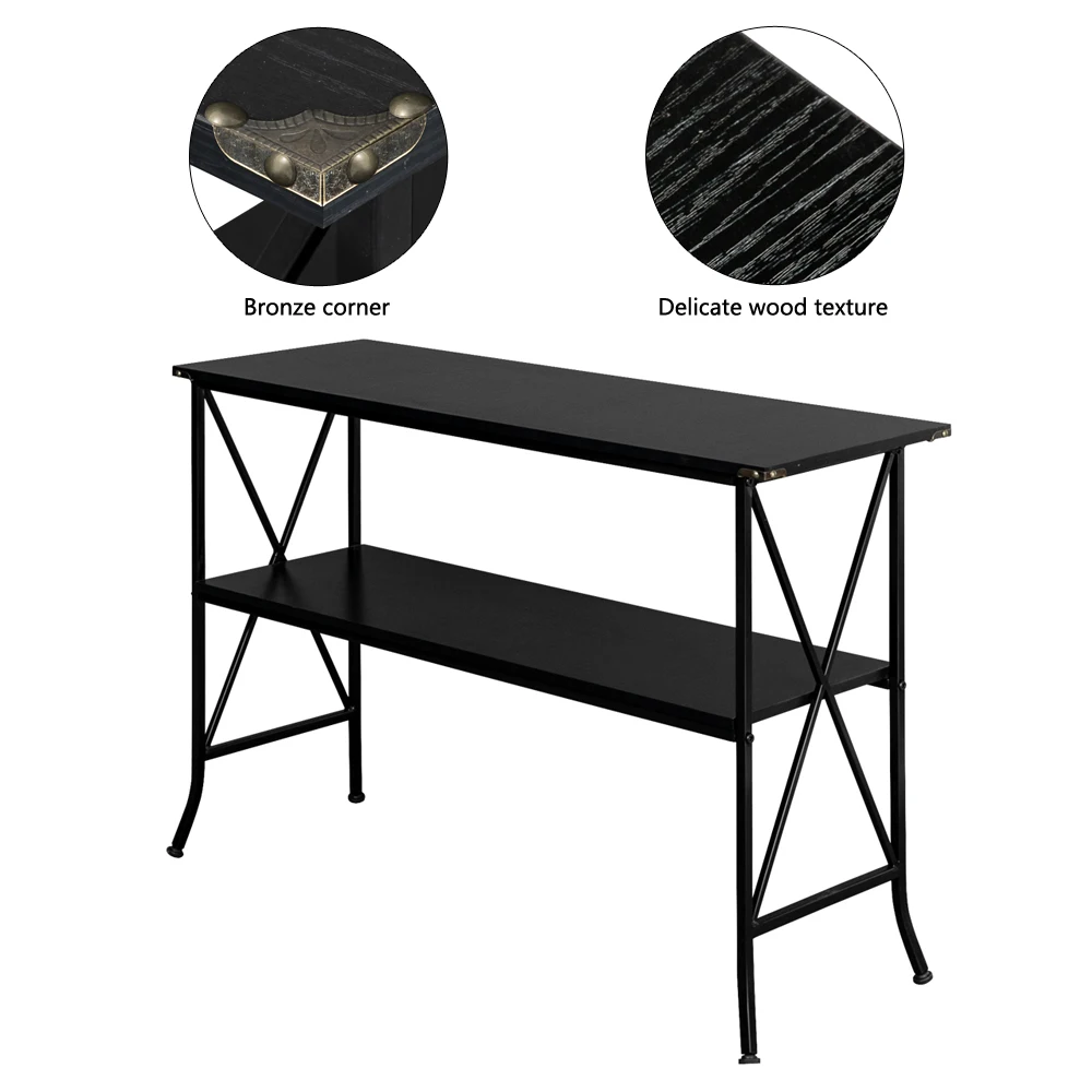 

High Quality Black MDF Countertop Black Wrought Iron Base 2 Layers Console Table