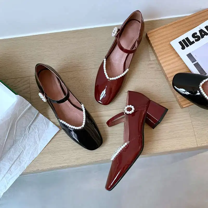 

Krazing pot new cow patent leather round toe high heels Mary janes pearl decoration princess style sweet girls women pumps L13