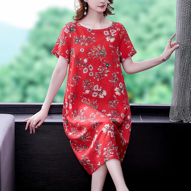 

Summer 2021 New High-end Retro Beach Vacation Loose Large Size Round Neck Short Sleeve Dress Comfortable Dresses for Women