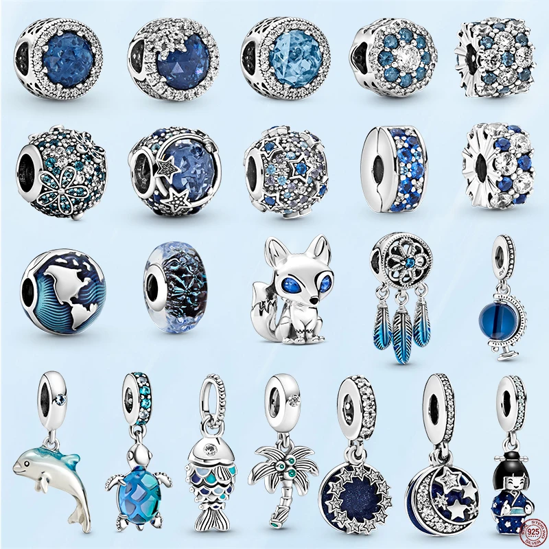 

2022 New Silver Color Blue Fashion Globe Beads Stars Moon Pendant Fit Original Pamura Charm Bracelets For Women Jewelry