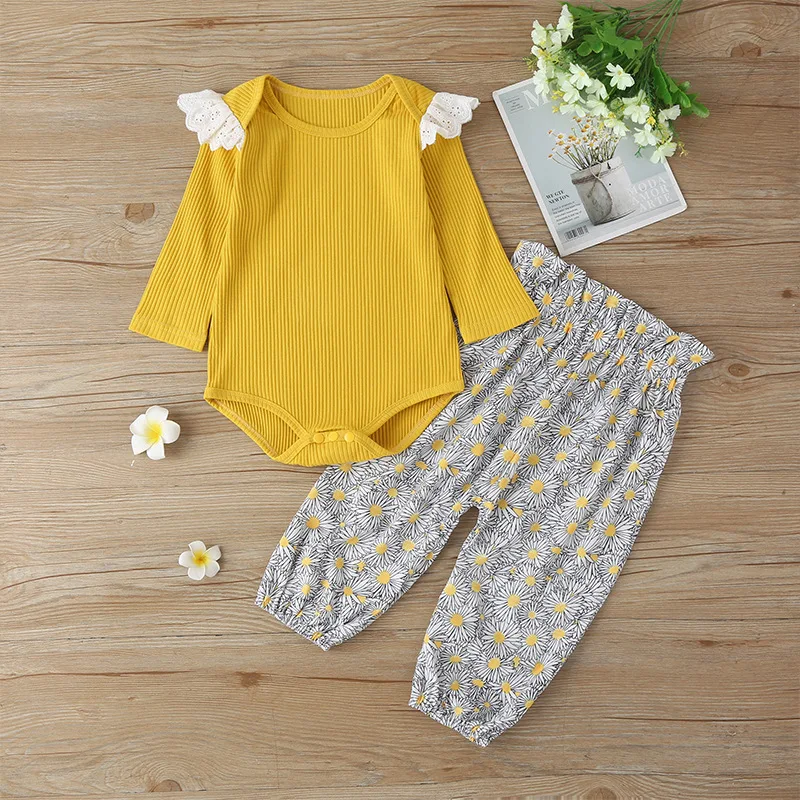 

2021 Winter Children Sets Casual Long Sleeve Yellow Rompers Print Daisies Pants Casual Cute 2Pcs Girls Clothes Sets