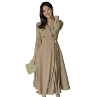 spring and autumn 2021 korean design women leisure office temperament high quality dress double breasted strap long skirt