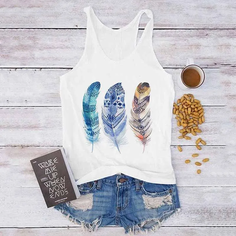 Sexy Tops Summer Harajuku Sleeveless Camisole Tank Vest Feathers Dream Catcher Print Casual Loose Women Female T-Shirt 90s | Женская