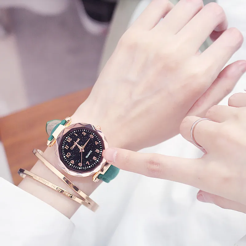 Женские кварцевые часы с циферблатом в виде звездного неба розовое золото