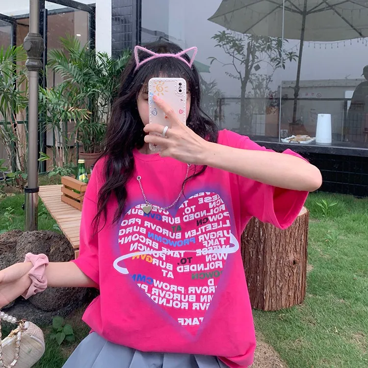 

YTX1011 Summer 2021 new mid-length loose love letter printing short-sleeved T-shirt women