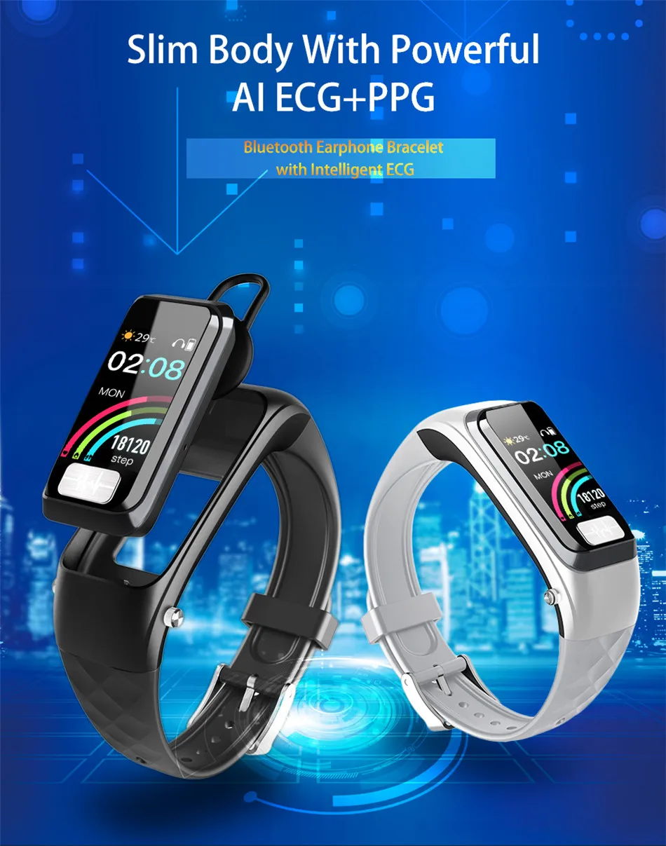 2 в 1 Смарт браслет часы с Bluetooth наушники ECG PPG пульсометр Монитор артериального давления спортивный привод вызов педометр