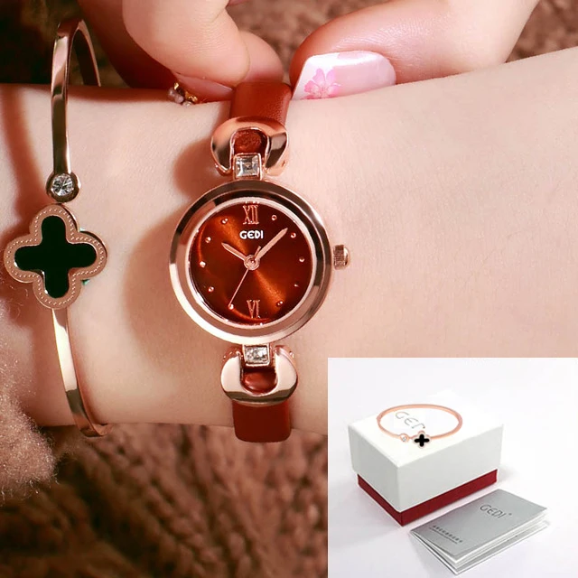 Relogio Feminino GEDI 8 мм ультратонкие женские кварцевые часы Лакшери модные часы Montre Femme женские элегантные часы браслет подарок - Цвет: Brown box