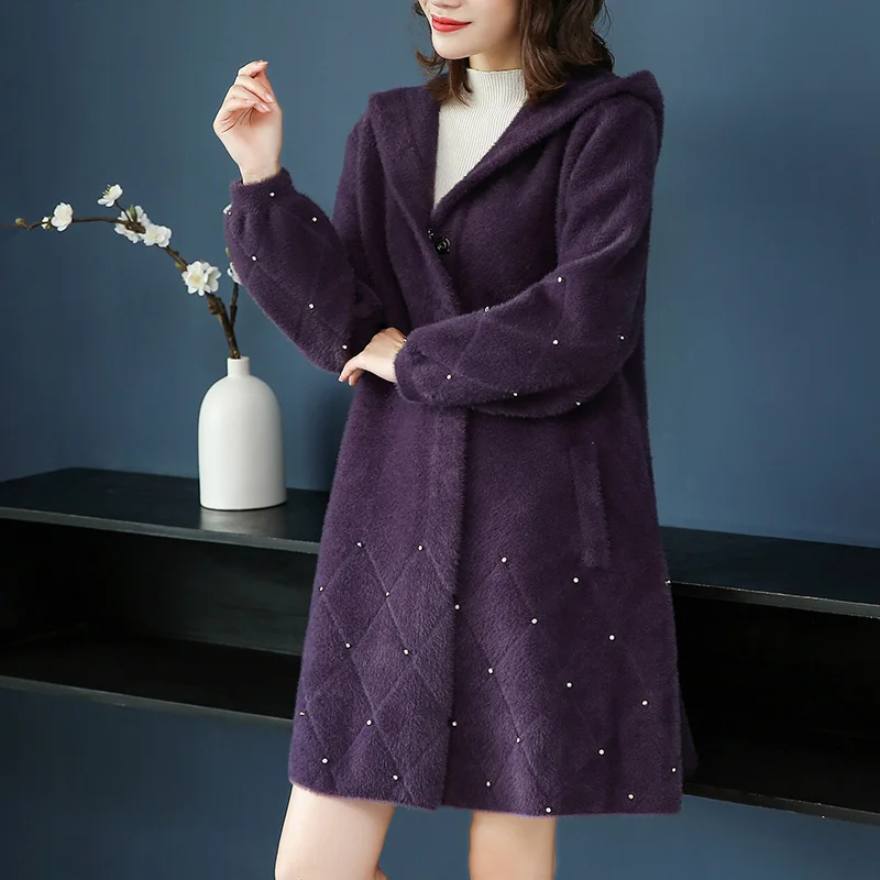 Женское длинное пальто с капюшоном теплое свободное повседневное со стразами