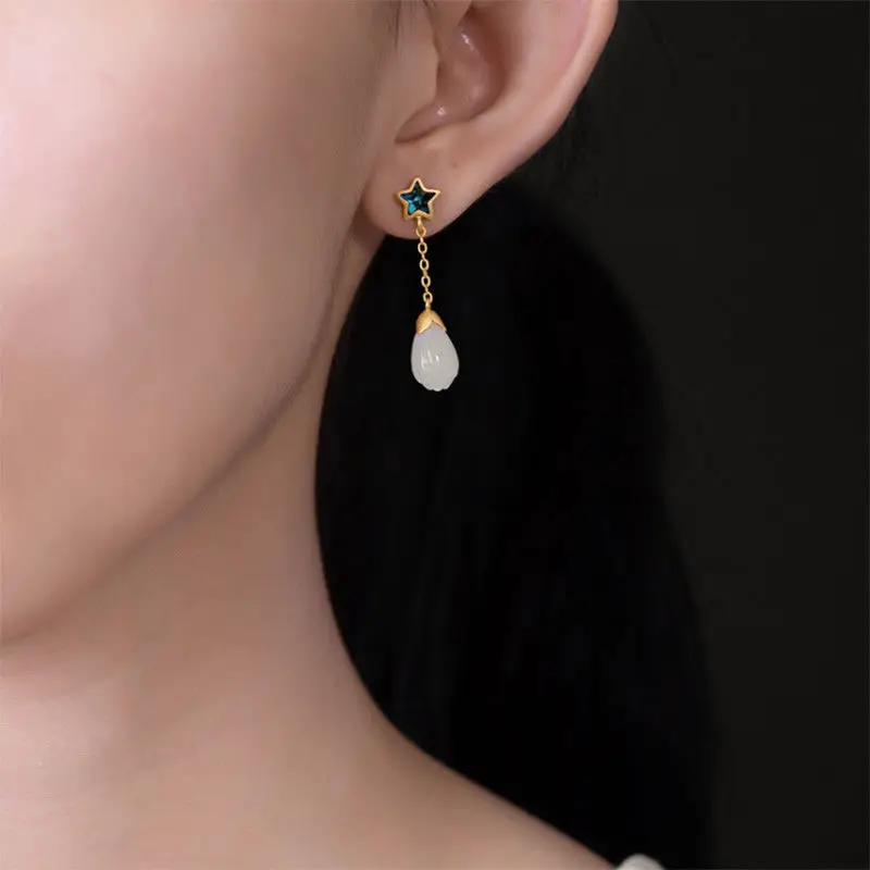 

Autumn new style ancient gold craftsmanship natural Hetian magnolia star earrings elegant and exquisite ladies silver jewelry