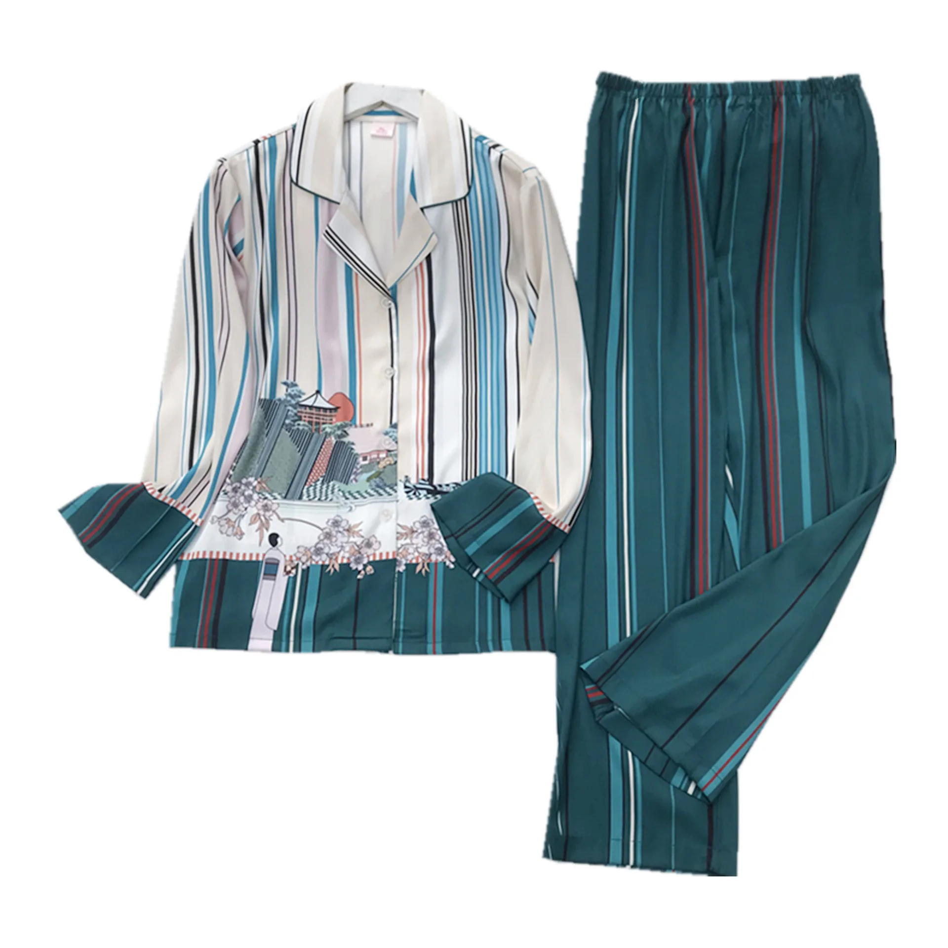 

Women 2PCS Pajamas Suit Long Sleeve Striped Shirt& Pant Chinese Cartoon Print Home Clothes Satin Nightwear Autumn Sleepwear