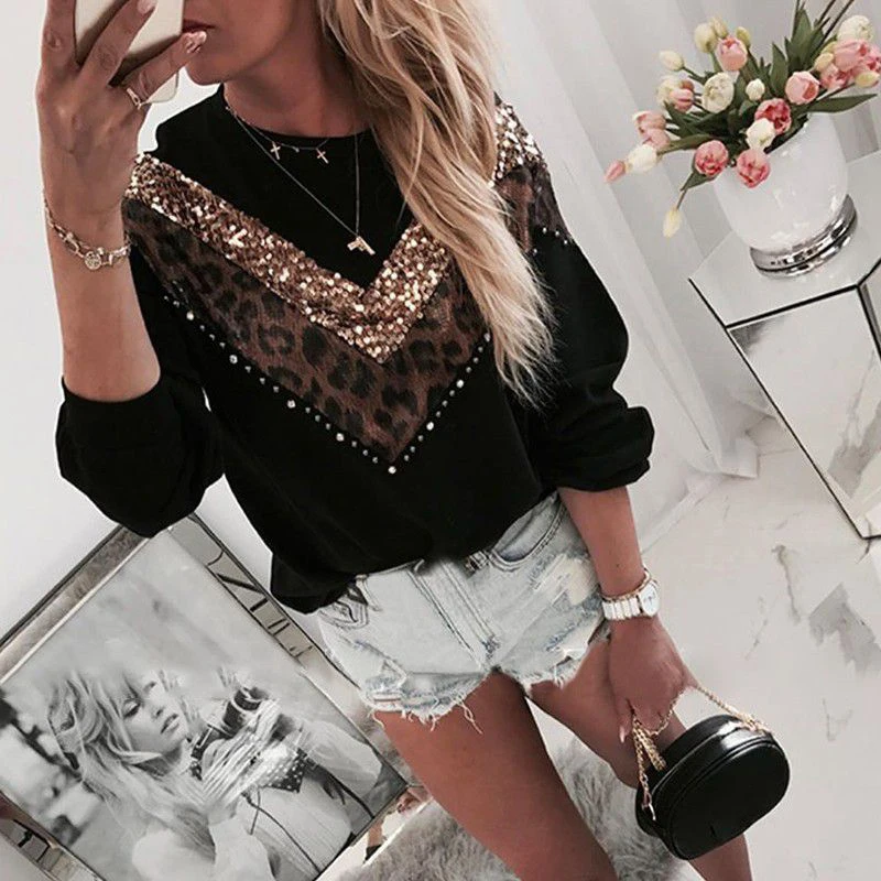 Women Sequins Lips Print Fashionable Sweatshirt Autumn Leopard Long Sleeve Beading Hoodie Lady O-neck Kawaii Sweatshirt Hoodies
