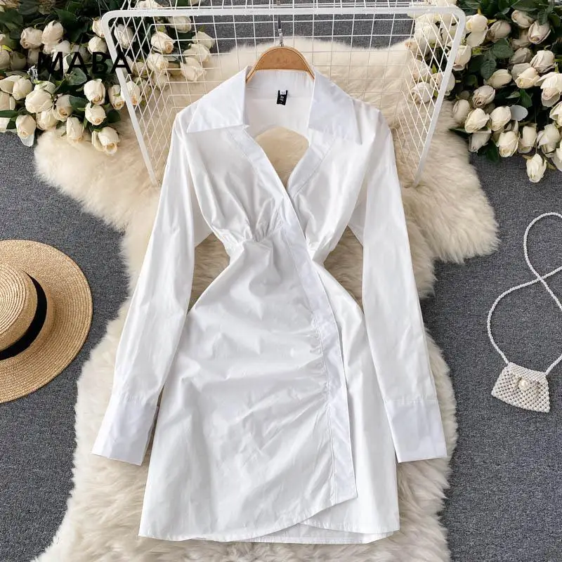 

Fashion Designer Mini Shirt Dress Spring Autumn Women Turn Down Collar Long Sleeve Button Turn Down Collar Sexy Backless Robe