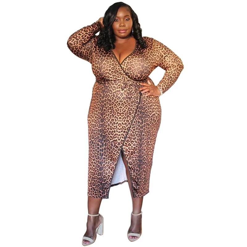 

Plus Size Clothing Women Dresses Sexy High Waist Bodycon Dress Winter Long Sleeve Leopard Print Dress Wholesale Dropshipping