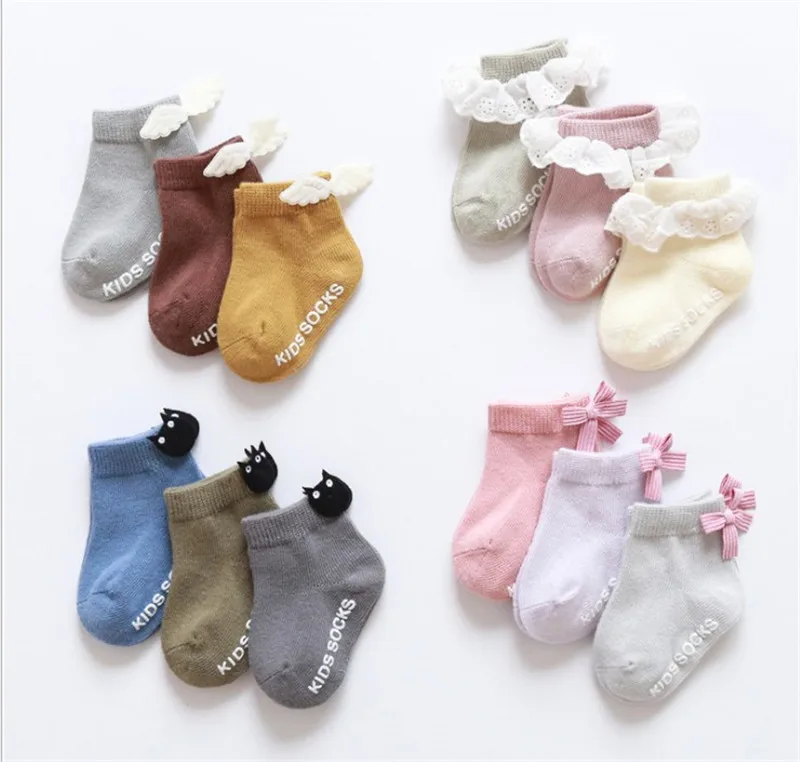 

Baby Girls Casual Cute Socks Frill Lace Cartoon Anti-slip Cotton Soft Ankle length Socks Newborn Kids 0-3 Years Clothing 3 Pairs