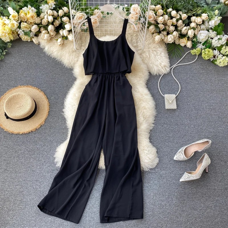 

Summer Women Jumpsuit Sling Cutout High Waist O Collar Jumpsuit Ladies White Sleeveless Open Back Fashion rompers