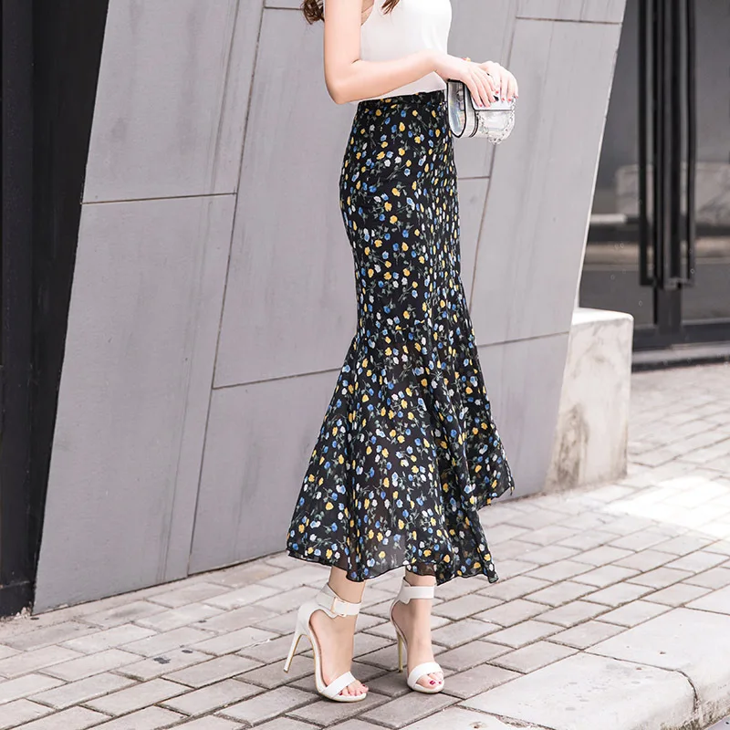 Женская шифоновая юбка с оборками Длинная элегантная годе винтажным цветочным