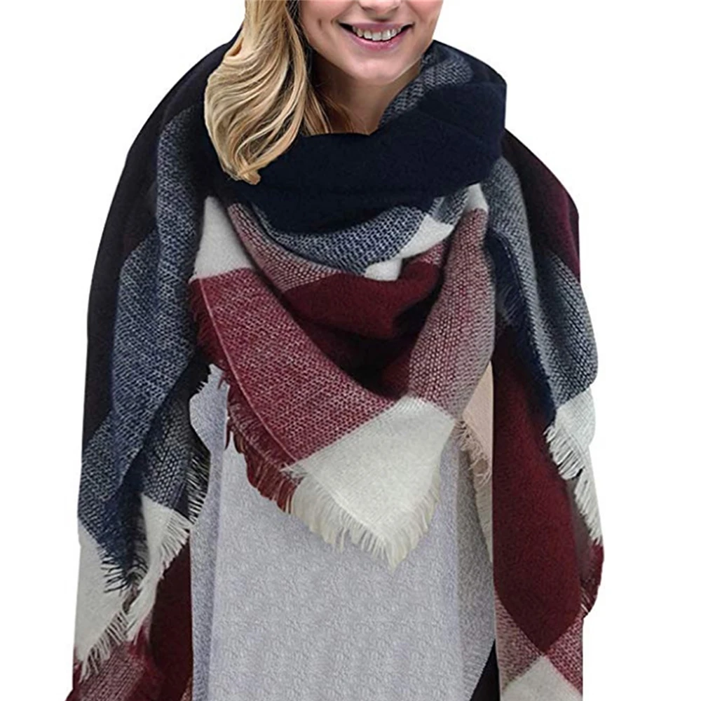 Вязаный осенне зимний женский шарф клетчатый теплый мягкий кашемировый шали