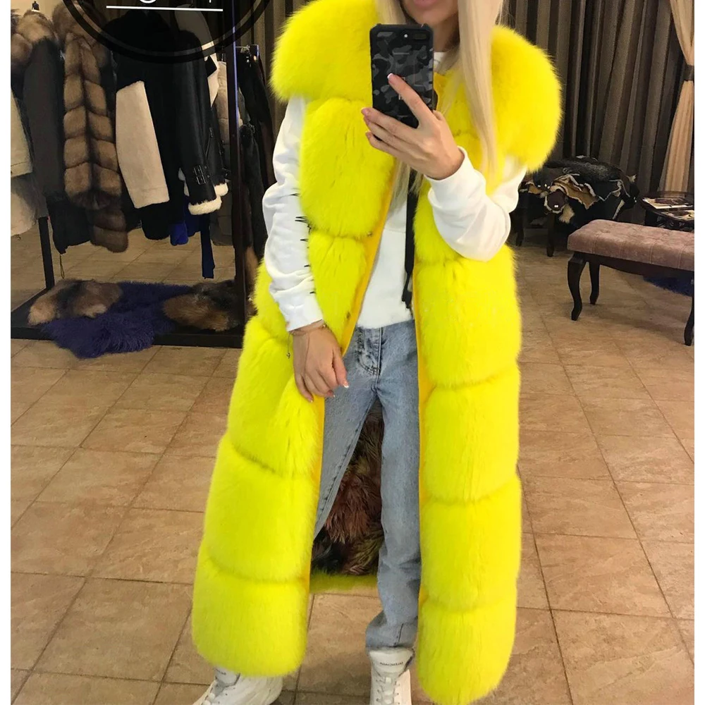 Long Real Fox Fur Coat Short Sleeve Fashion Yellow Color Whole Skin Genuine Fox Fur Coats Female Outwear Winter Fur Overcoats
