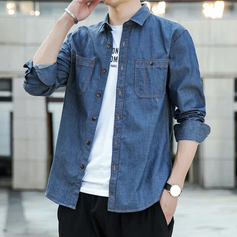 

Рубашка мужская с имитацией джинсовой ткани, приталенная Повседневная рубашка из чистого хлопка, новый стиль, для весны и лета