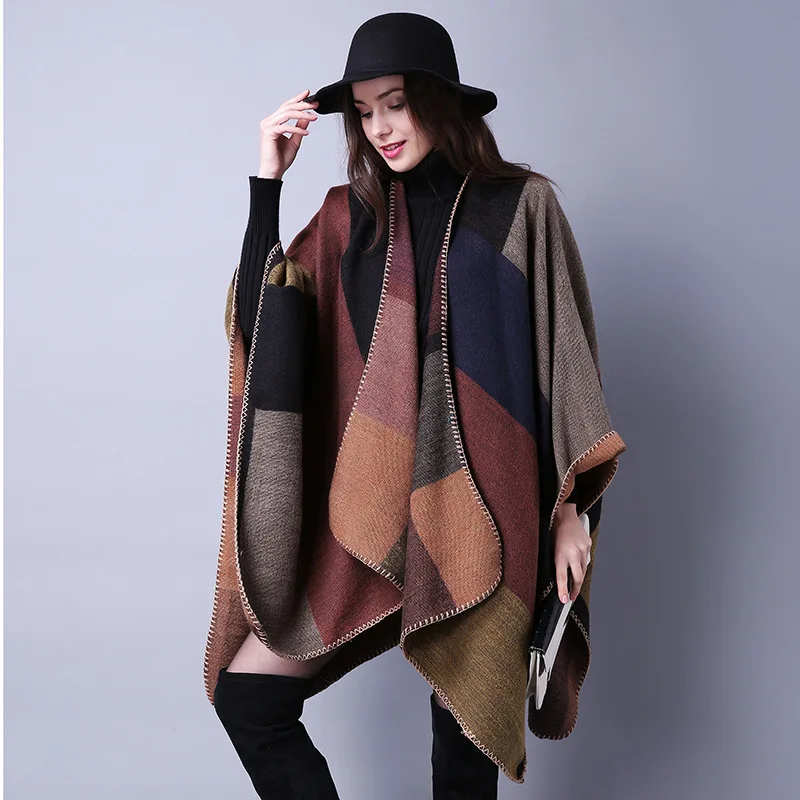 Ladies National Wind Retro Scarf Wild Plaid Travel Shawl Imitation Cashmere Split Thick Cloak Autumn Winter New |