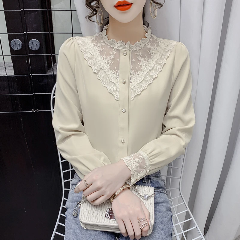 

Chiffon Women's Blouse Lace Girl's Shirt Casual Clothing Splicing Loose Spring Autumn Long Sleeve Top Lady Blusas Houthion