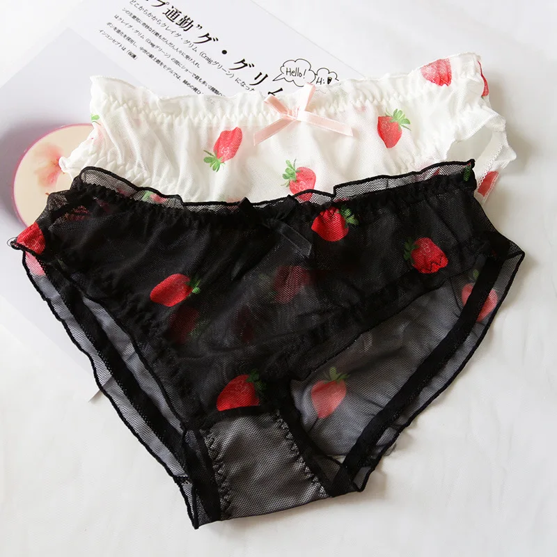 

2021 Lovely Strawberry Kawaii Princess briefs girl Ruffle lace Panties Women Cute Underwear woman Lingeries Cartoon Bow Low-Rise