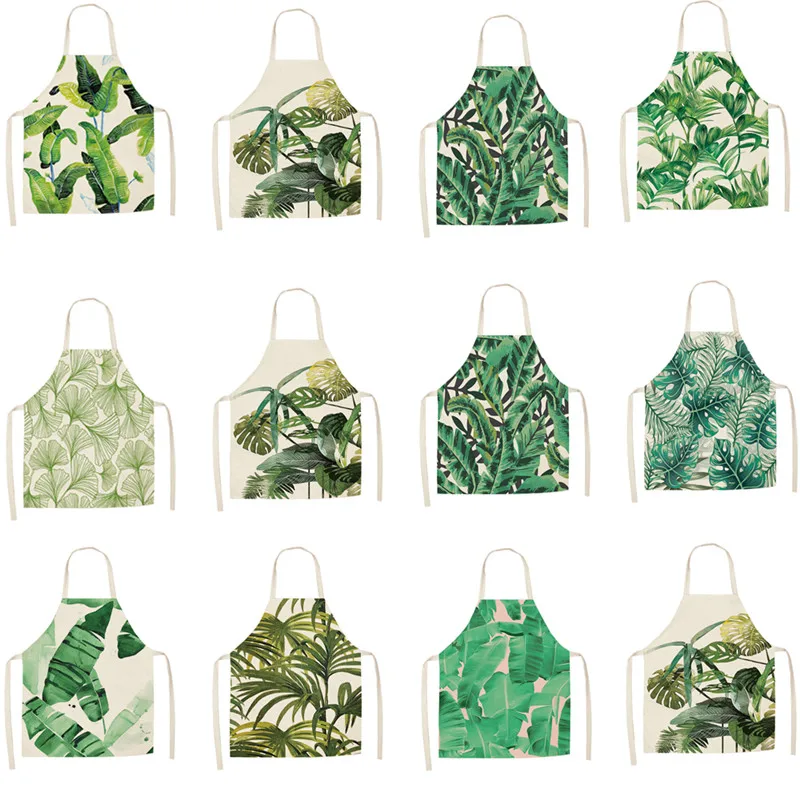 Фартук для взрослых с рисунком зеленых растений нагрудник из хлопка и льна