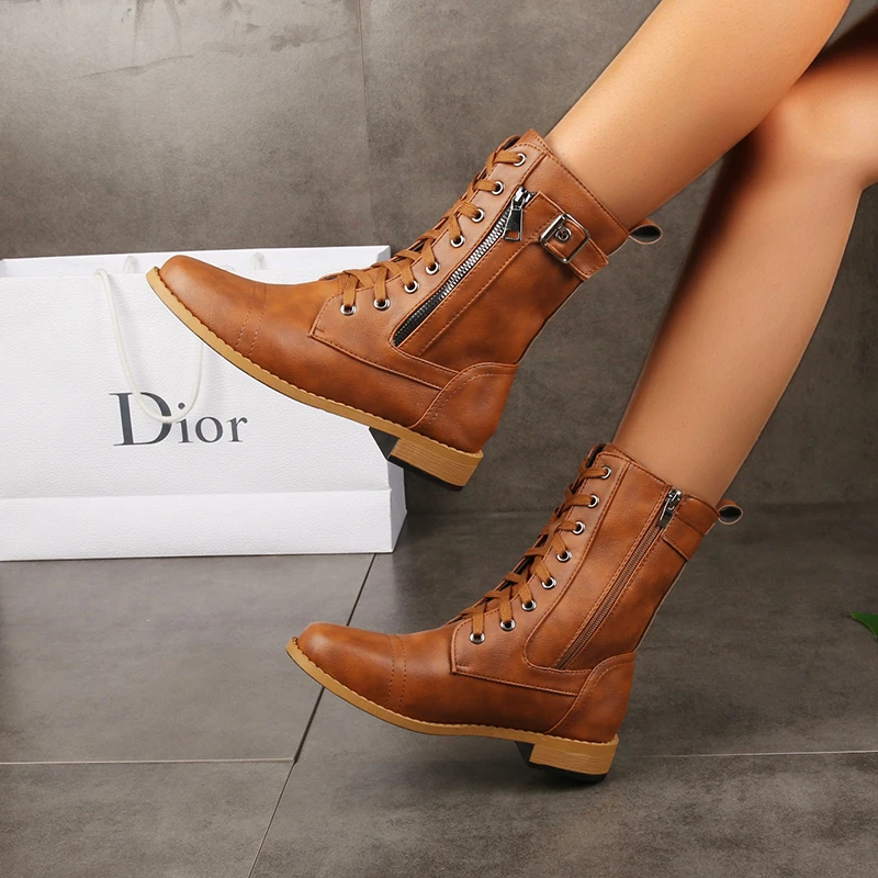 

2022 New Plus Size Retro Women Western Boots Punk Lace Up Buckle Motorcycle Boots Zipper Mid Calf Boots Ladies Short Botas