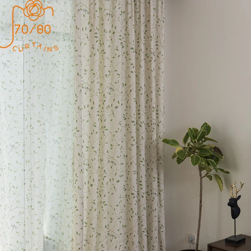 

Modern Simple Curtains Pastoral Green Printing Finished Custom Blackout Curtains for Living Dining Room Bedroom