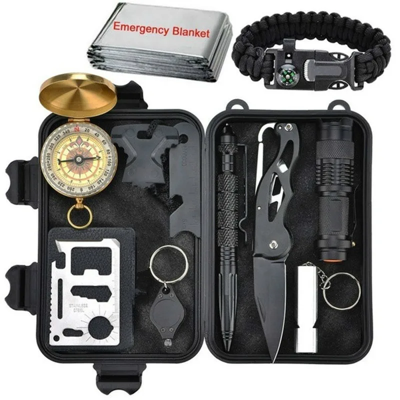 

10 In 1 Kit SOS Emergency Survival Kit ,Folding Knife, Compass, Whistle, Tactical Pen for Camping, Outdoor Survival Gear Tool