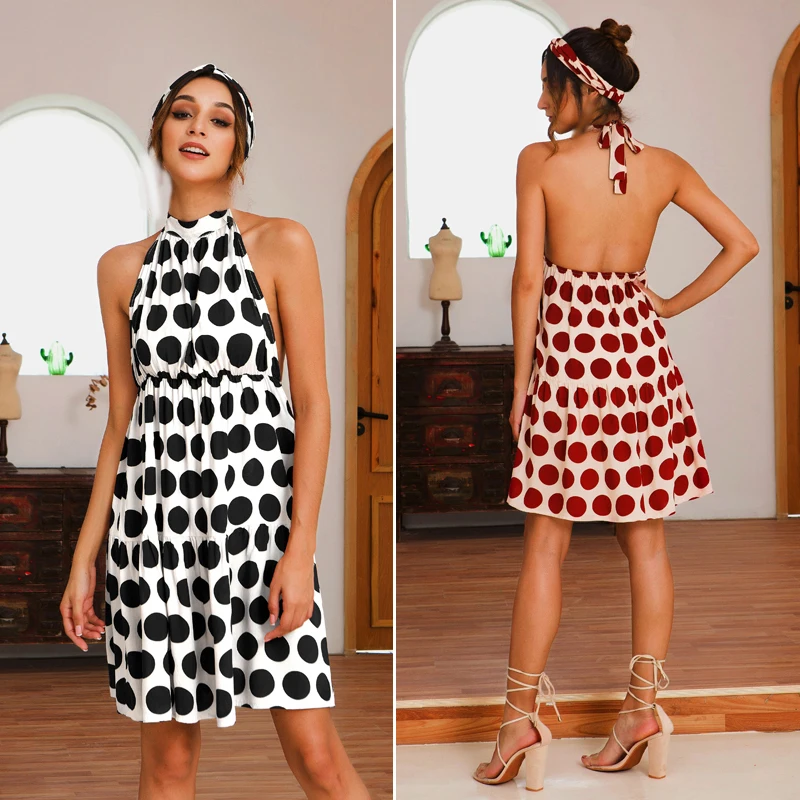 

Summer Polka Dots Dress Women Vacation Beach Hanging Neck Boho Mini Dress
