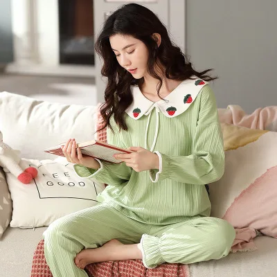 

High-grade full cotton sleepwear pajamas for women autumn winter loose pyjamas set korean sweet two piece pijama female suit