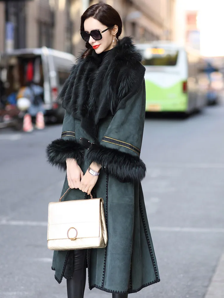 

Trendy Unique Sheepskin Shearling Women Long Fox Fur Leather Coat Jacket Clothes Winter