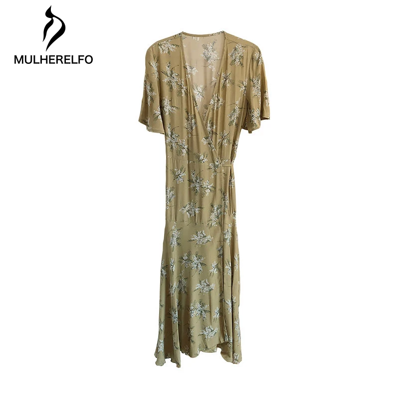 

Women's V-Neck Floral High Waist Tie Long Dress Retro Elegant Split Ladies Flared Sleeve Skinny Dress Beach Summer