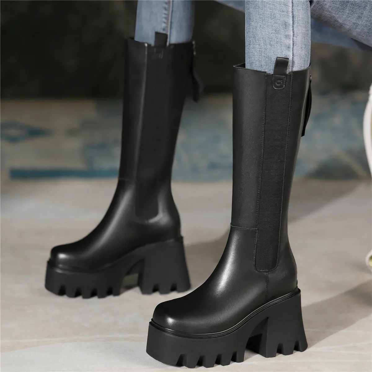 

Military Riding Long Boots Women Genuine Cow Leather Platform Knee High Boots Thick Sole Creepers Punk Goth Party Shoes