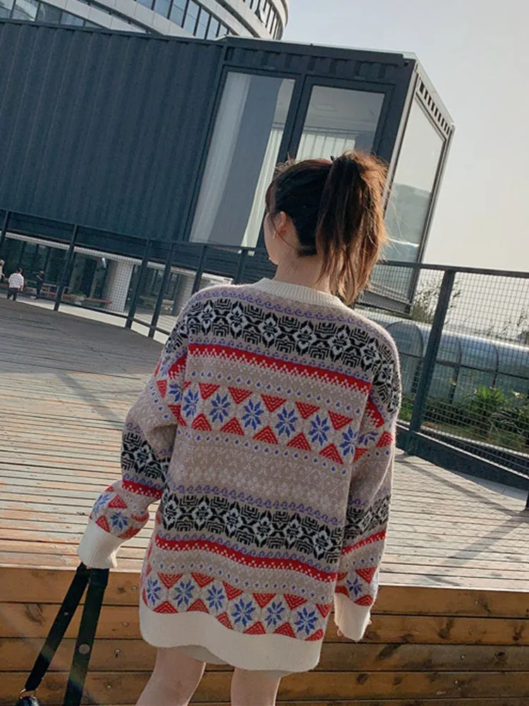 

New autumn and winter 2020, net red knitted sweater casual, round neck loose, irregular Plaid jacquard short women's fashion