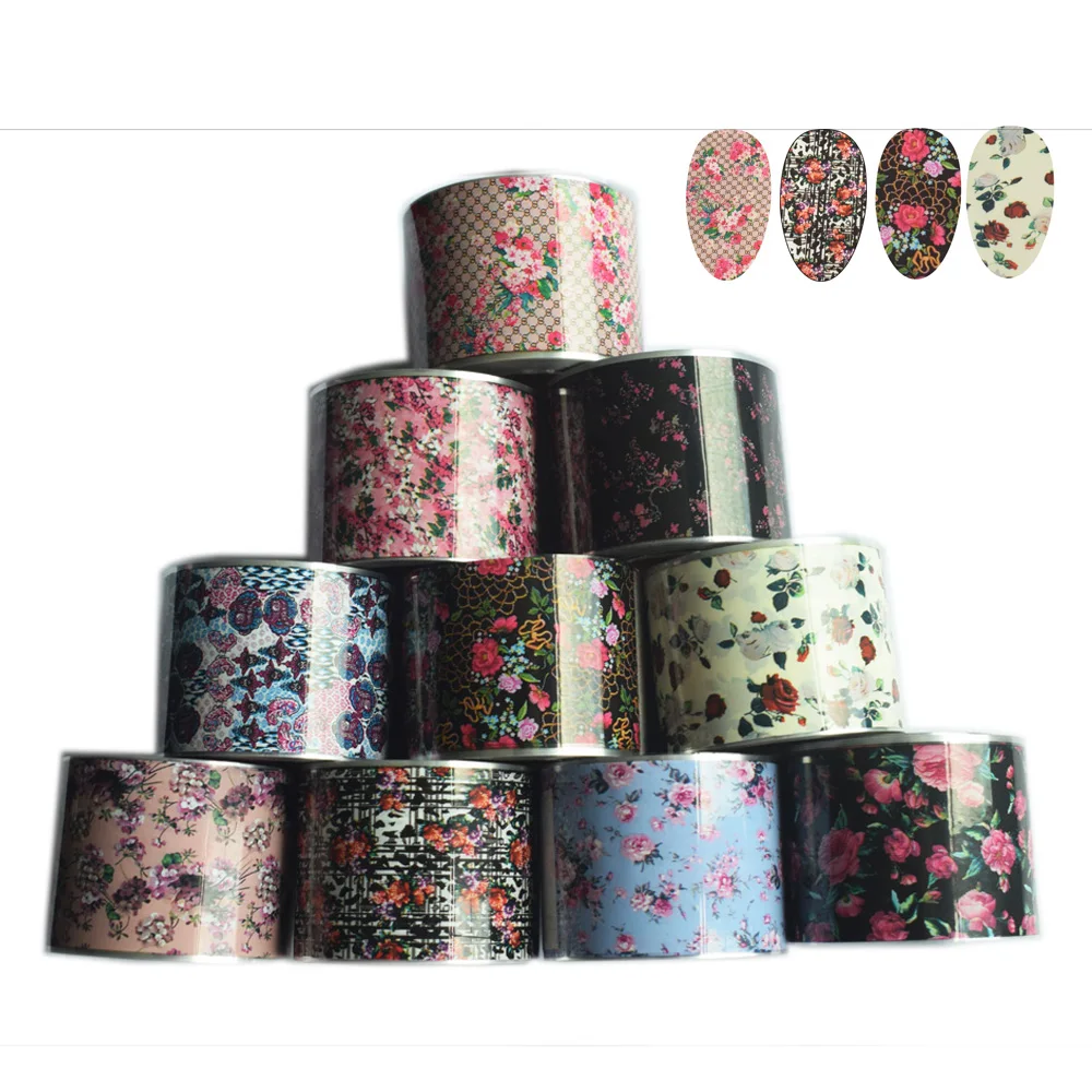 

10Roll Colorful Flowers Stickers Set on Nails Foil 50m*4cm Transfer Rose Summer Sliders for Manicure Nail Art Decals Decoration