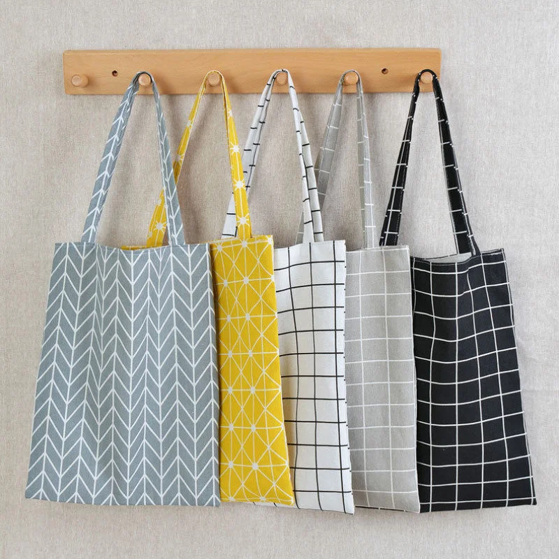

Fashion Reusable Cotton Linen Shopping Tote Bag Handbag Fashion Plaid Shoulder Bag