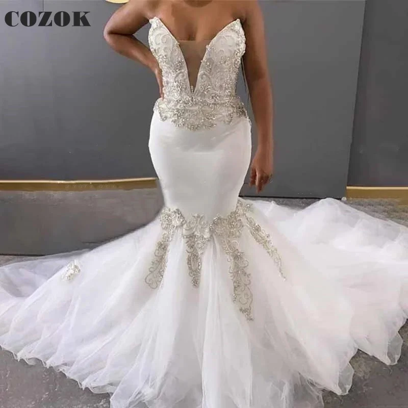 

Sexy Wedding Dresses for Women Mermaid Strapless Tulle Lace Flowers Crystal Beaded Pearls Elegant Formal Bridal Gowns CO115