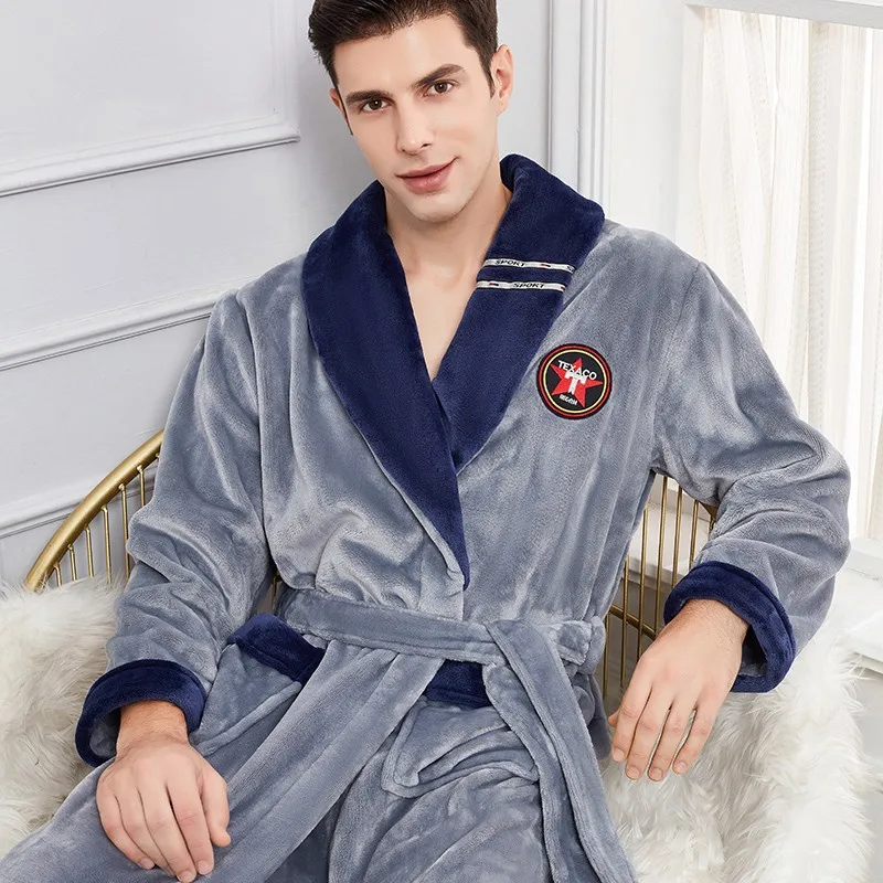 

Long Winter Kimono Bathrobe Men Thicken Flannel Robe Gown Oversized 3XL-4XL Nightgown Loose Coral Fleece Sleepwear