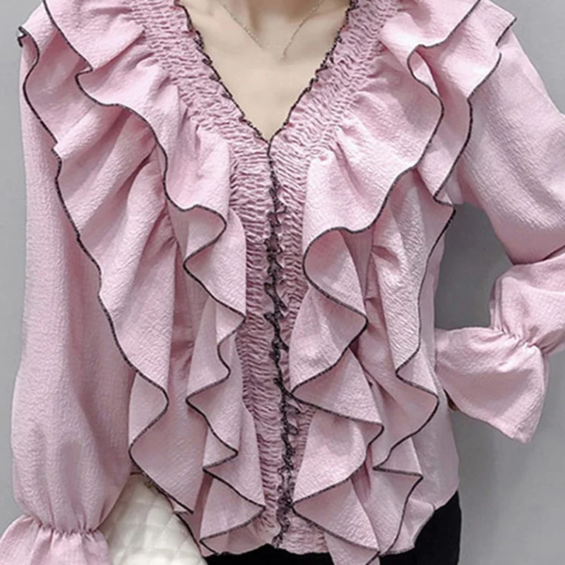 

XITAO Ruffles Patchwork Casual Shirt Women Fashion Style V Neck Collar Long Flare Sleeve Pullover Elegant Minority Top ZY4222