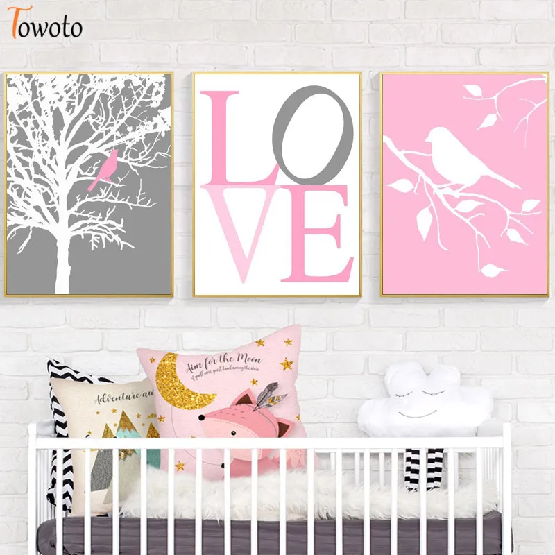 Серый розовый холст картина Цитата плакат Современные Деревья птица с принтом в